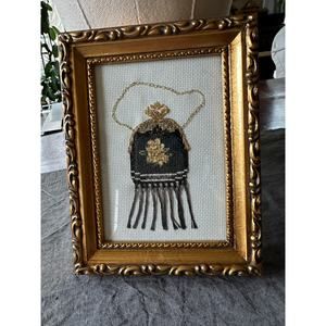 Framed needlepoint finished Counted Cross Stitch Vintage Purse Sandy Clough 6x7”